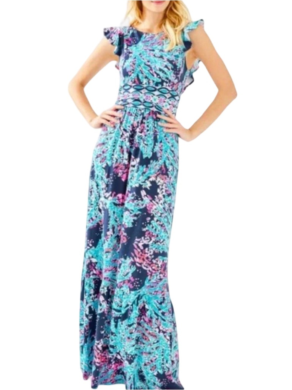 Lilly Pulitzer Blue Sleeveless Ruffle Maxi Dress Resort Wear Size Small